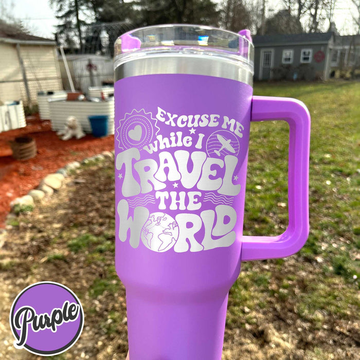 World Traveler Tumbler, Tumbler For Traveler, Personalized Travel Tumbler With Handle, Travel Tumbler With Handle, Engraved Tumbler Handle