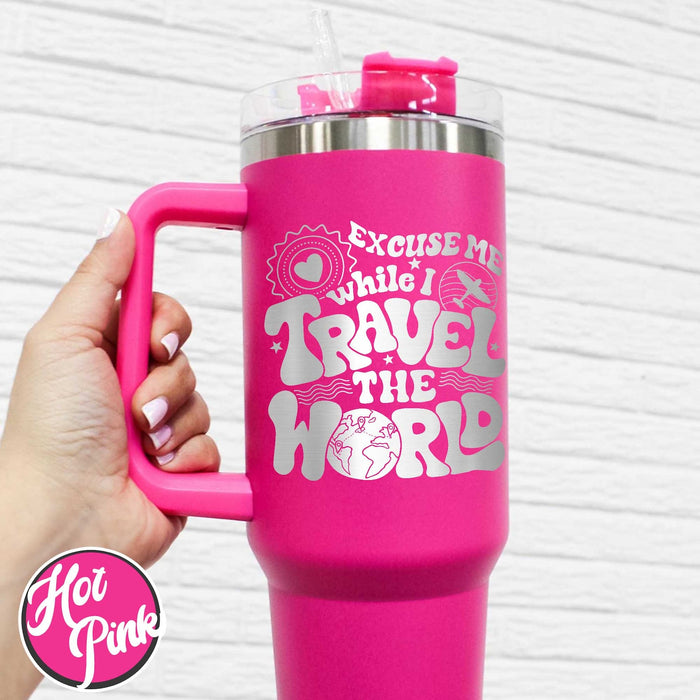 World Traveler Tumbler, Tumbler For Traveler, Personalized Travel Tumbler With Handle, Travel Tumbler With Handle, Engraved Tumbler Handle