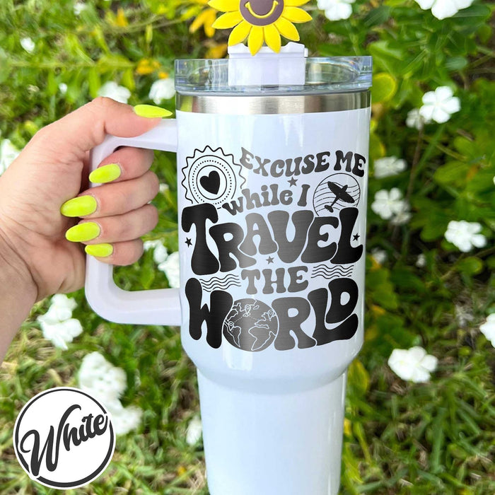 World Traveler Tumbler, Tumbler For Traveler, Personalized Travel Tumbler With Handle, Travel Tumbler With Handle, Engraved Tumbler Handle