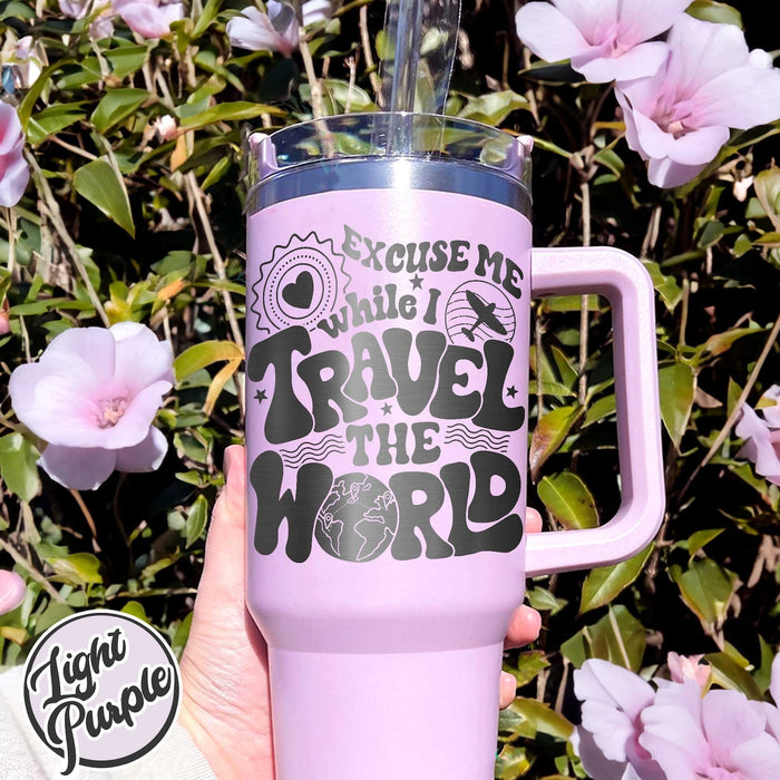 World Traveler Tumbler, Tumbler For Traveler, Personalized Travel Tumbler With Handle, Travel Tumbler With Handle, Engraved Tumbler Handle