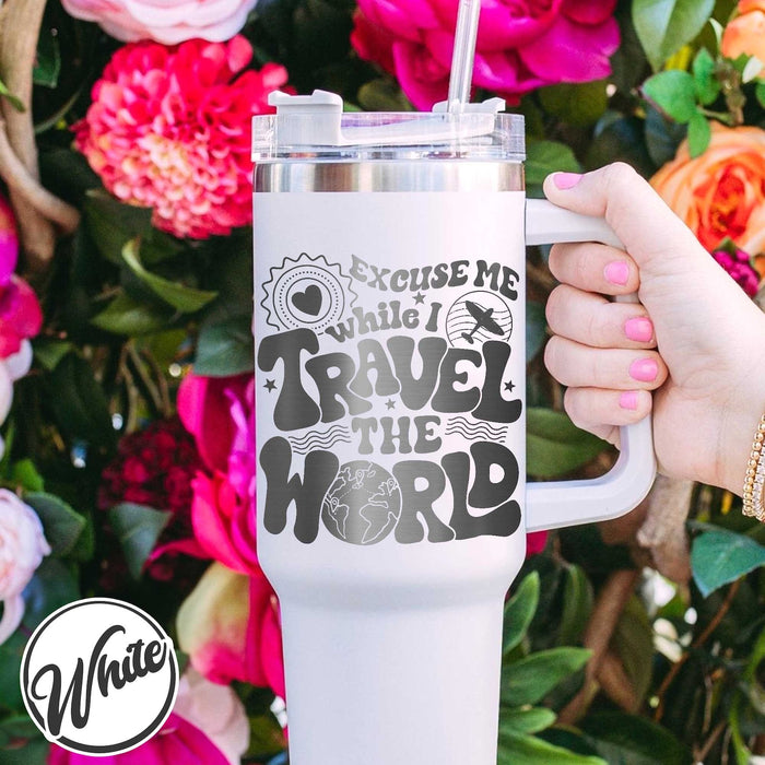 World Traveler Tumbler, Tumbler For Traveler, Personalized Travel Tumbler With Handle, Travel Tumbler With Handle, Engraved Tumbler Handle