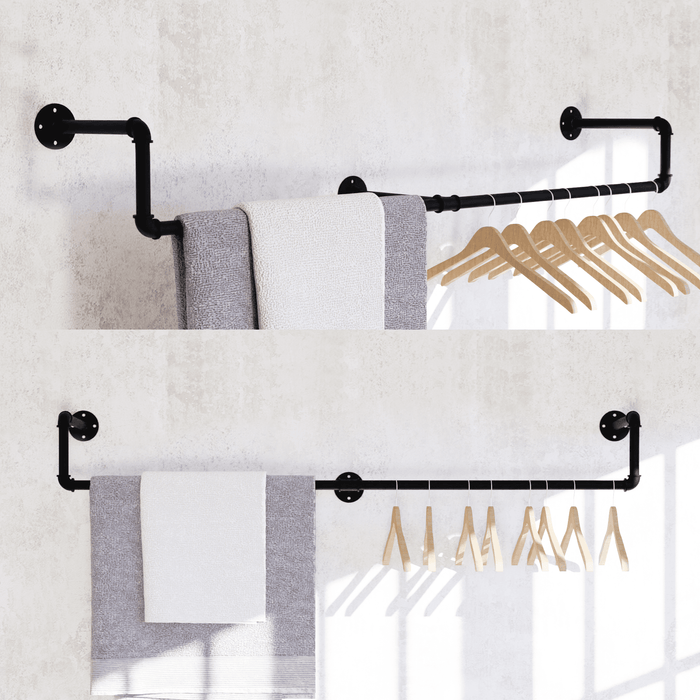 (59in - Black) Industrial Pipe Clothing Rack, Wall Mounted Clothes Rack
