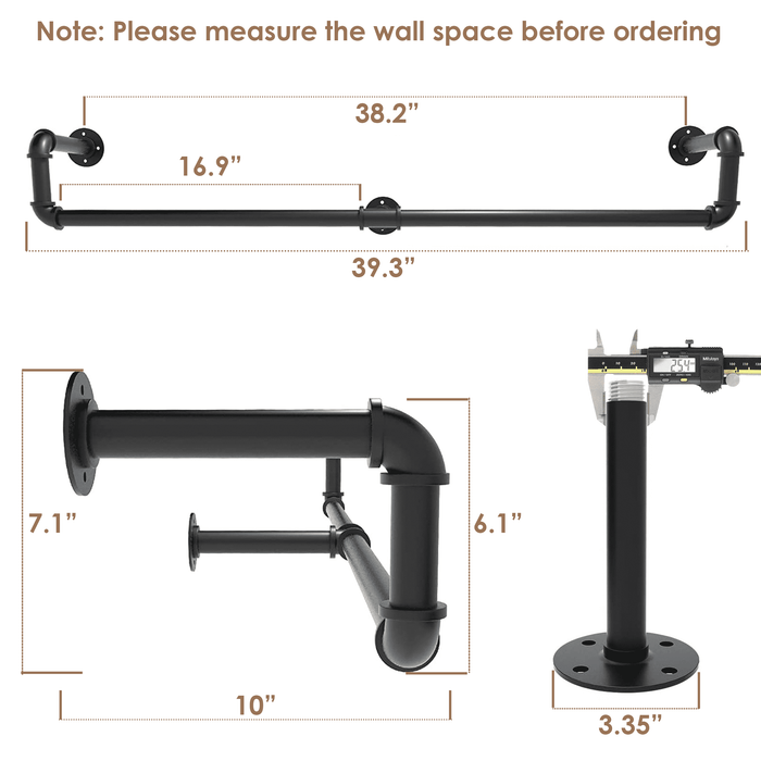 (39in - Black) Industrial Pipe Clothing Rack, Wall Mounted Clothes Rack
