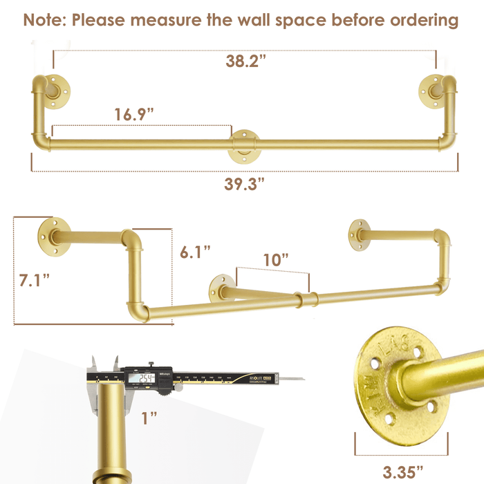 (39in - Gold) Industrial Pipe Clothing Rack, Wall Mounted Clothes Rack