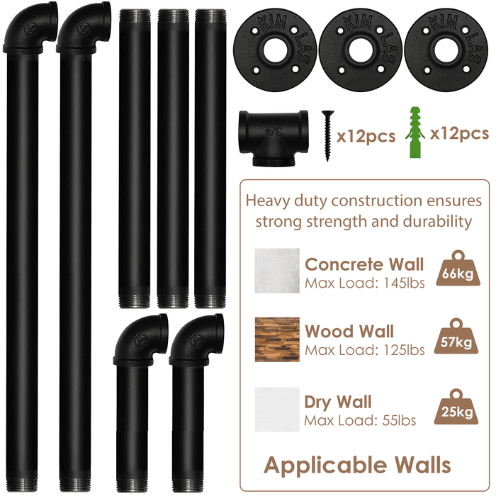 (59in - Black) Industrial Pipe Clothing Rack, Wall Mounted Clothes Rack