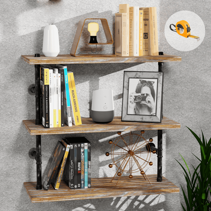 (3 Tier - 24in) - (Rustic Style 2)  Industrial Pipe Shelving, Industrial Floating Shelves