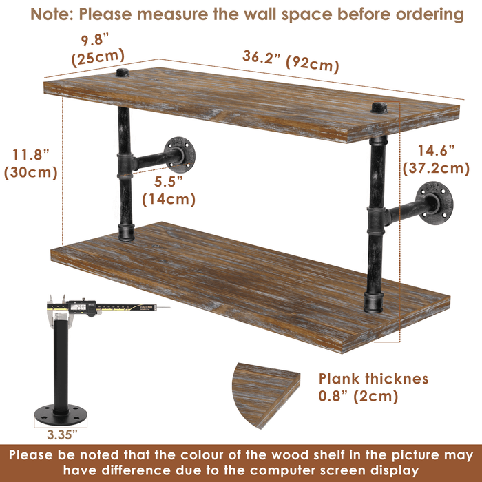 (2 Tier - 36in) - (Rustic Style 2) Industrial Pipe Shelving, Industrial Floating Shelves