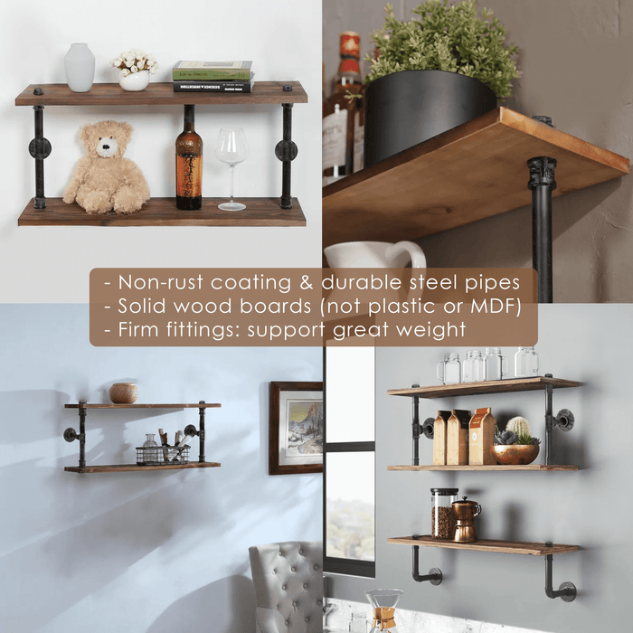 (2 Tier - 36in) - (Rustic Style 2) Industrial Pipe Shelving, Industrial Floating Shelves
