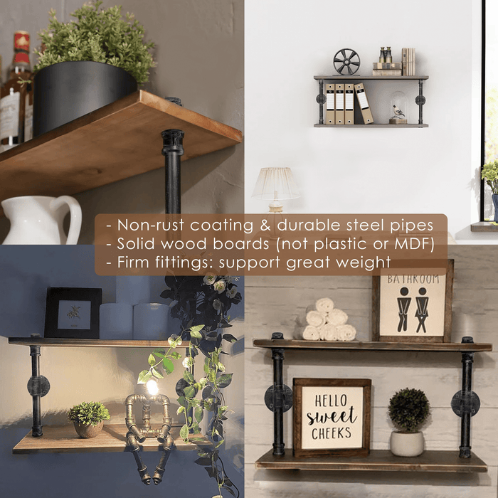 (2 Tier - 24in) - (Rustic Style 2) Industrial Pipe Shelving, Industrial Floating Shelves
