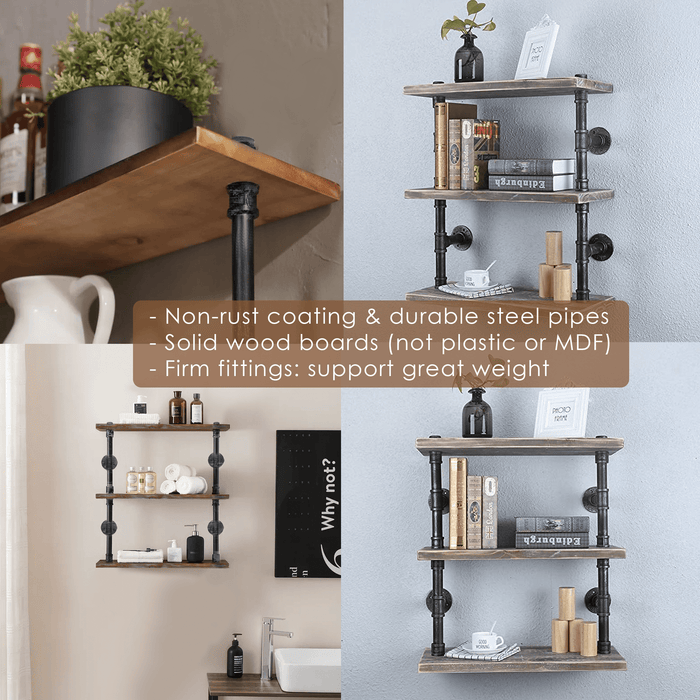 (3 Tier - 24in) - (Rustic Style 2)  Industrial Pipe Shelving, Industrial Floating Shelves