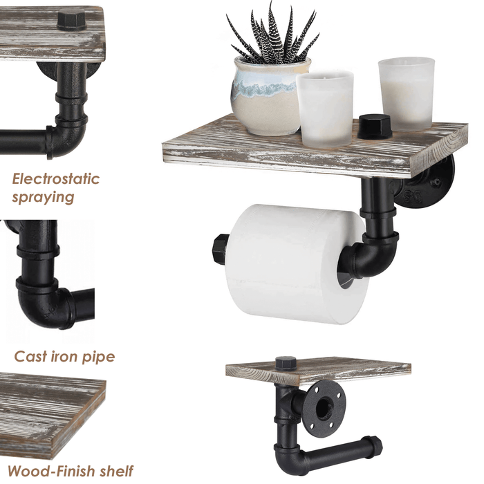 (9.8 in - Rustic White) Industrial Toilet Paper Holder with Shelf, Wall Mount Toilet Paper Holder