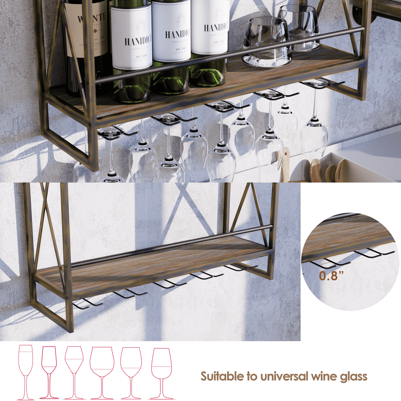 (2 Tier - 23.6in - Brush Bronze) Industrial Wine Rack Wall Mounted, Wa ...