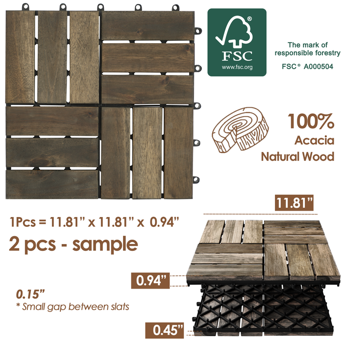 Hardwood Interlocking Patio Deck Tiles - Easy to Install Outdoor/Indoor Acacia Flooring for Patio, Deck, Balcony - 12x12in (2 Pieces, Sample, 4-Square, Espresso) - All Weather Resistant & Waterproof