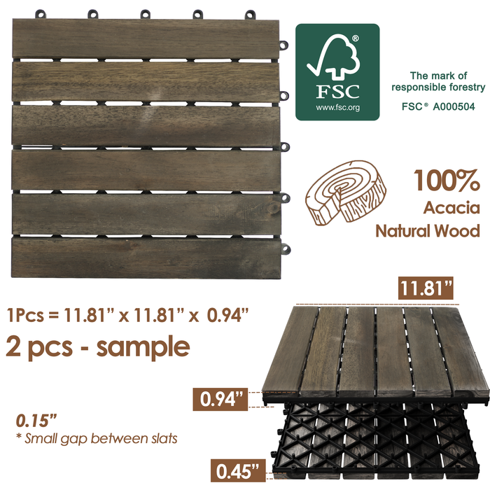 Hardwood Interlocking Patio Deck Tiles - Easy to Install Outdoor/Indoor Acacia Flooring for Patio, Deck, Balcony - 12x12in (2 Pieces, Sample, Stripe, Espresso) - All Weather Resistant & Waterproof