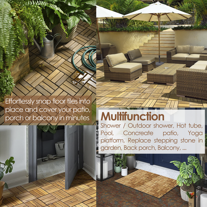 Hardwood Interlocking Patio Deck Tiles - Easy to Install Outdoor/Indoor Acacia Flooring for Patio, Deck, Balcony - 12x12in (2 Pieces, Sample, 4-Square, Nature) - All Weather Resistant & Waterproof