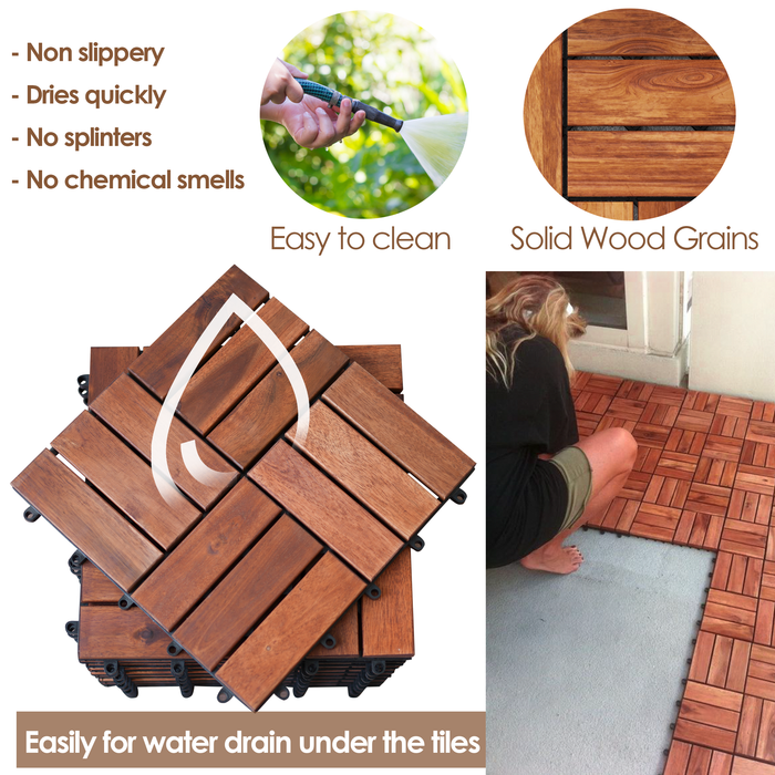 Hardwood Interlocking Patio Deck Tiles - Easy to Install Outdoor/Indoor Acacia Flooring for Patio, Deck, Balcony - 12x12in (2 Pieces, Sample, 4-Square, Red Brown) - All Weather Resistant & Waterproof