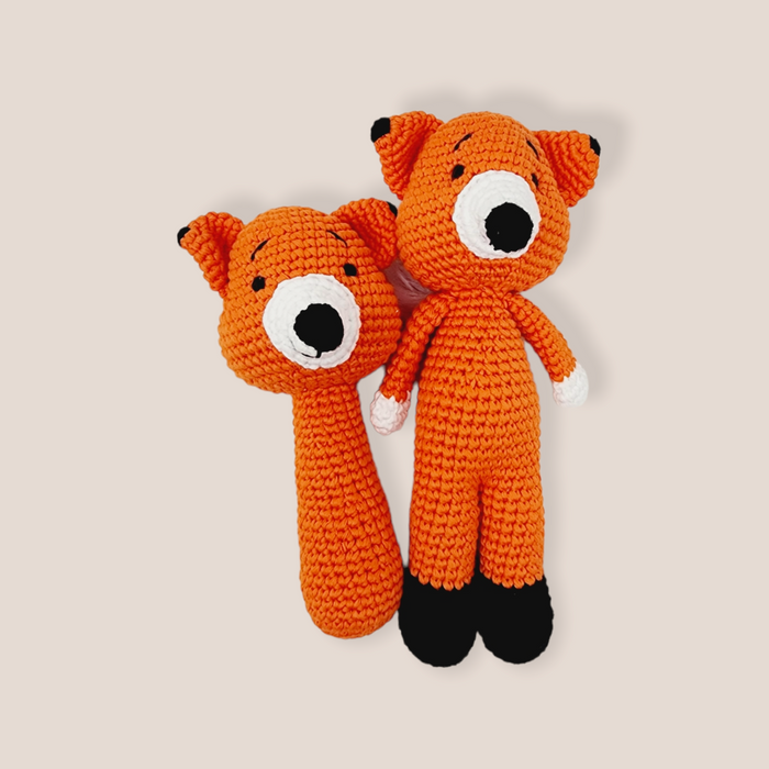 Fox Doll Amigurumi, Handmade Crochet Fox Stuffed Toy With Baby Rattle.